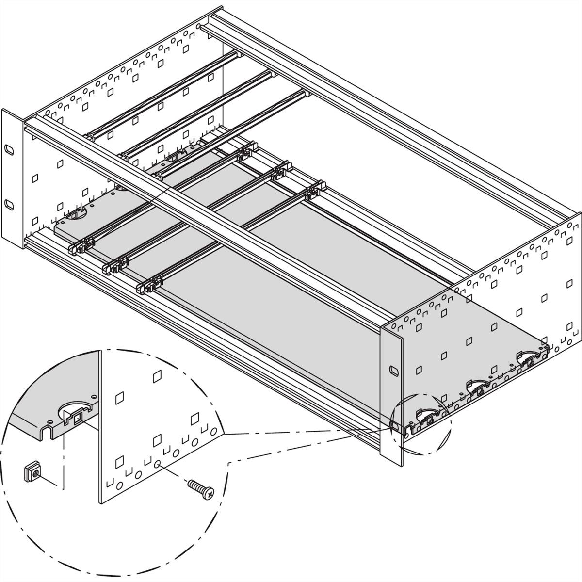 Dessin technique d'un système de rails pour étagères avec une image détaillée agrandie d'un assemblage par vis sur le côté gauche.