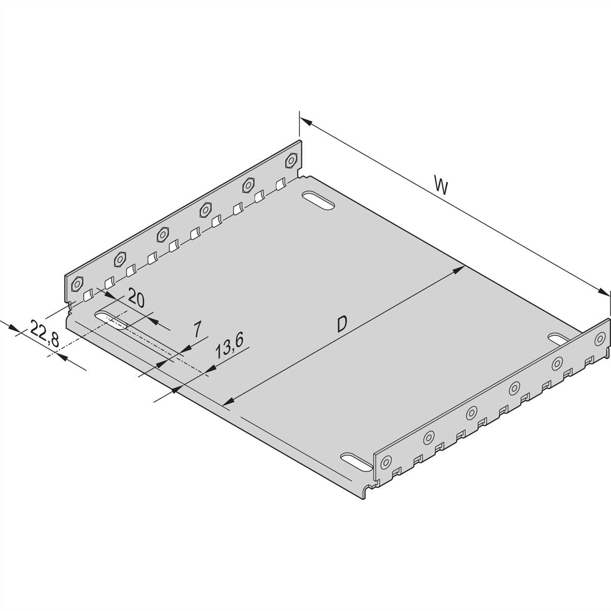 Dessin technique d'un support métallique avec les dimensions suivantes : largeur (L), profondeur (P), hauteur et dimensions de détail plus petites, destiné à être monté dans des étagères.