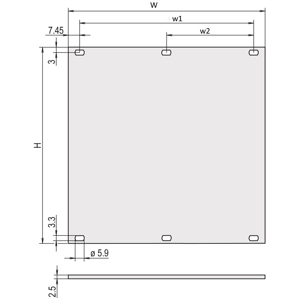 Dessin technique d'un objet rectangulaire avec une hauteur totale H et une largeur W. Perçages de diamètre Ø 5,9 dans les coins.
