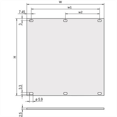 Dessin technique d'un objet rectangulaire avec dimensions : Hauteur H, Largeur W. Des marquages indiquent d'autres mesures, telles que w1, w2 et un diamètre de 5,9.