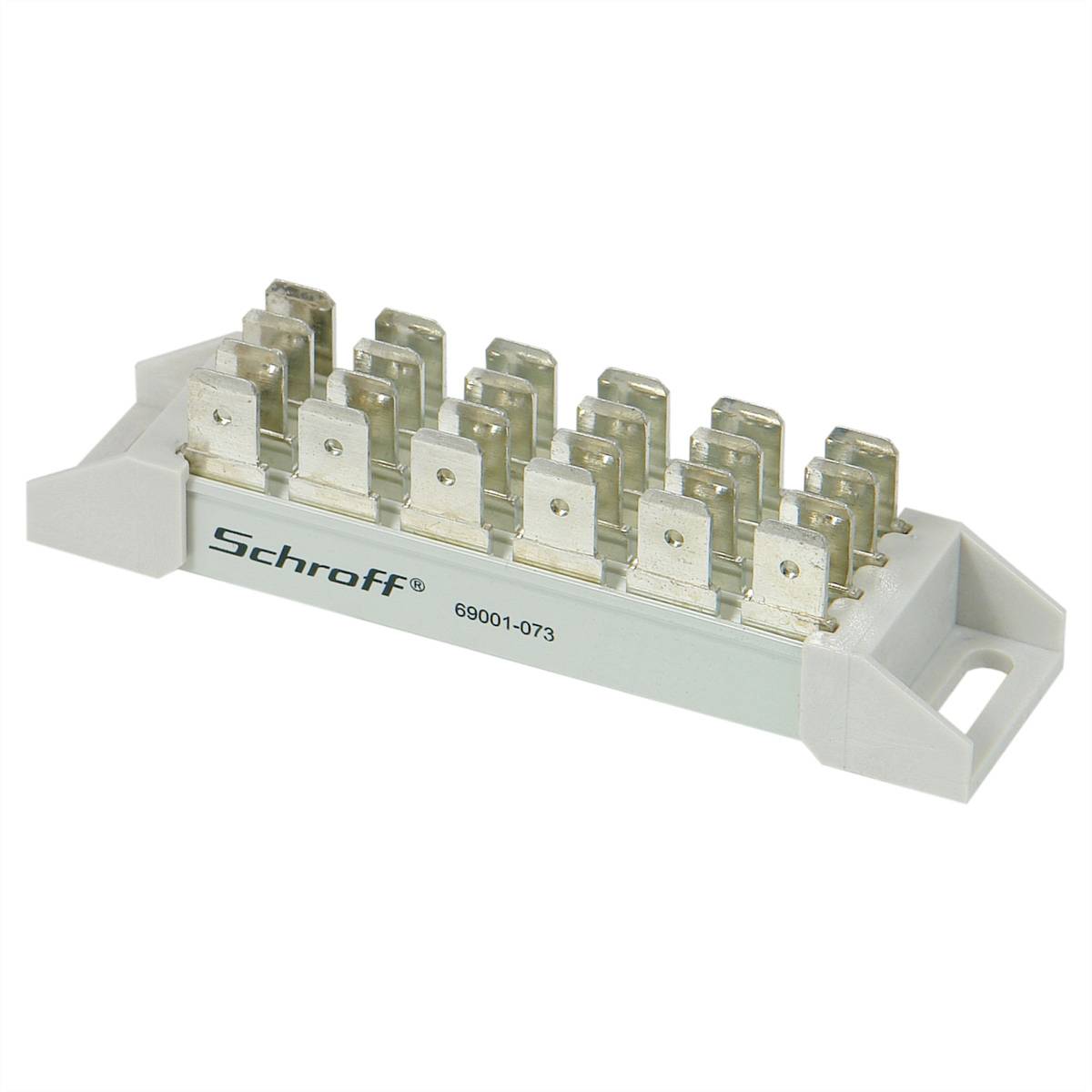 Un bloc de bornes à plusieurs connexions, étiqueté 'Schroff 69001-073', sur un fond blanc.