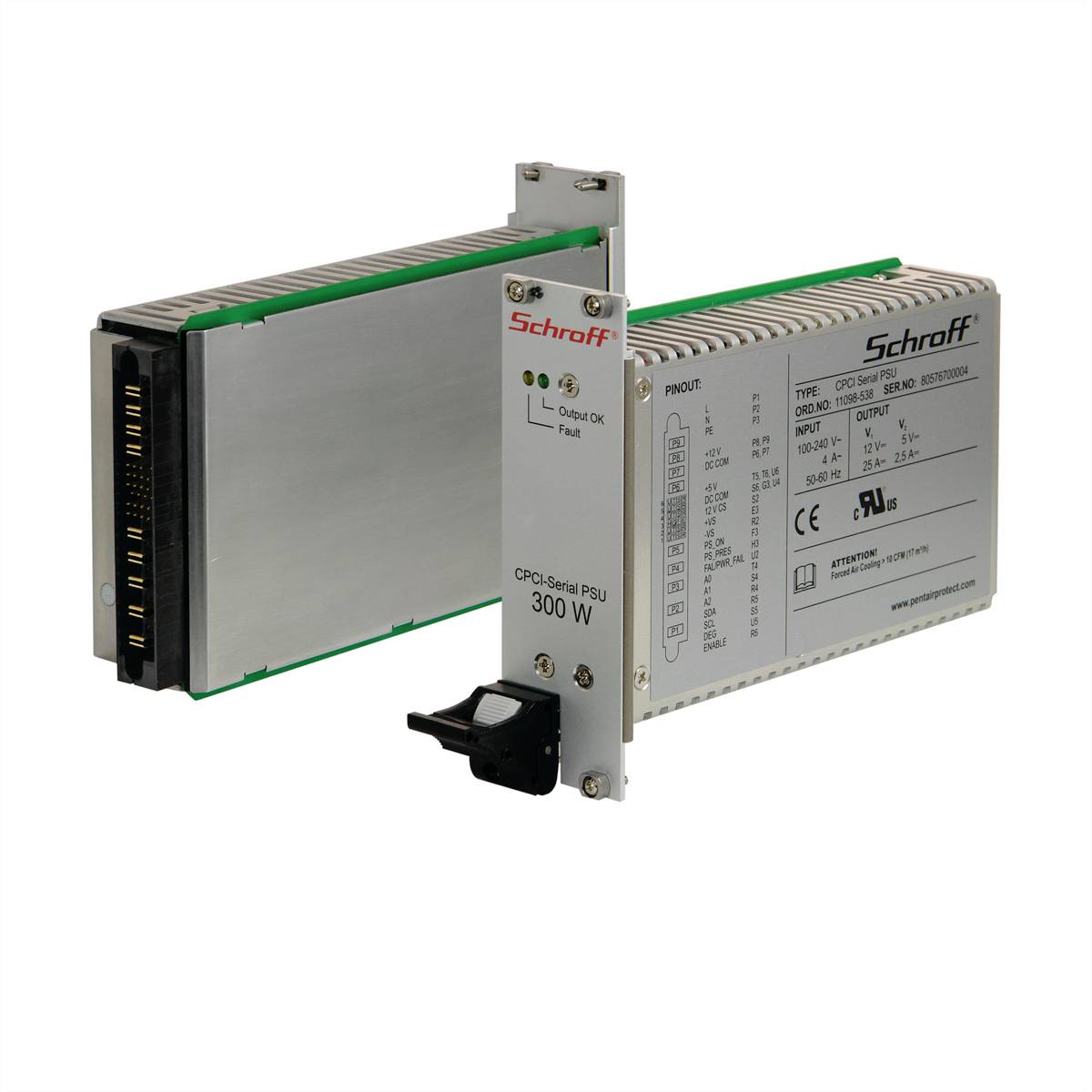 Module de performance portant l'inscription 'Schroff 300W', affichant les connexions et spécifications sur le côté, adapté à l'alimentation électrique dans des applications techniques.