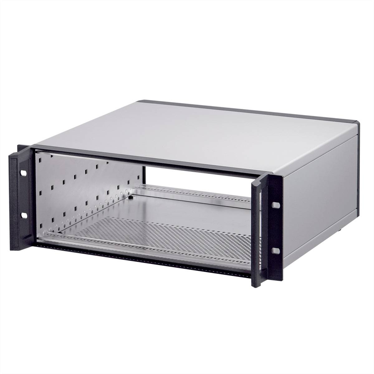 Un boîtier rack vide en argent avec un cadre noir, adapté pour l'installation d'équipements et de composants électroniques.