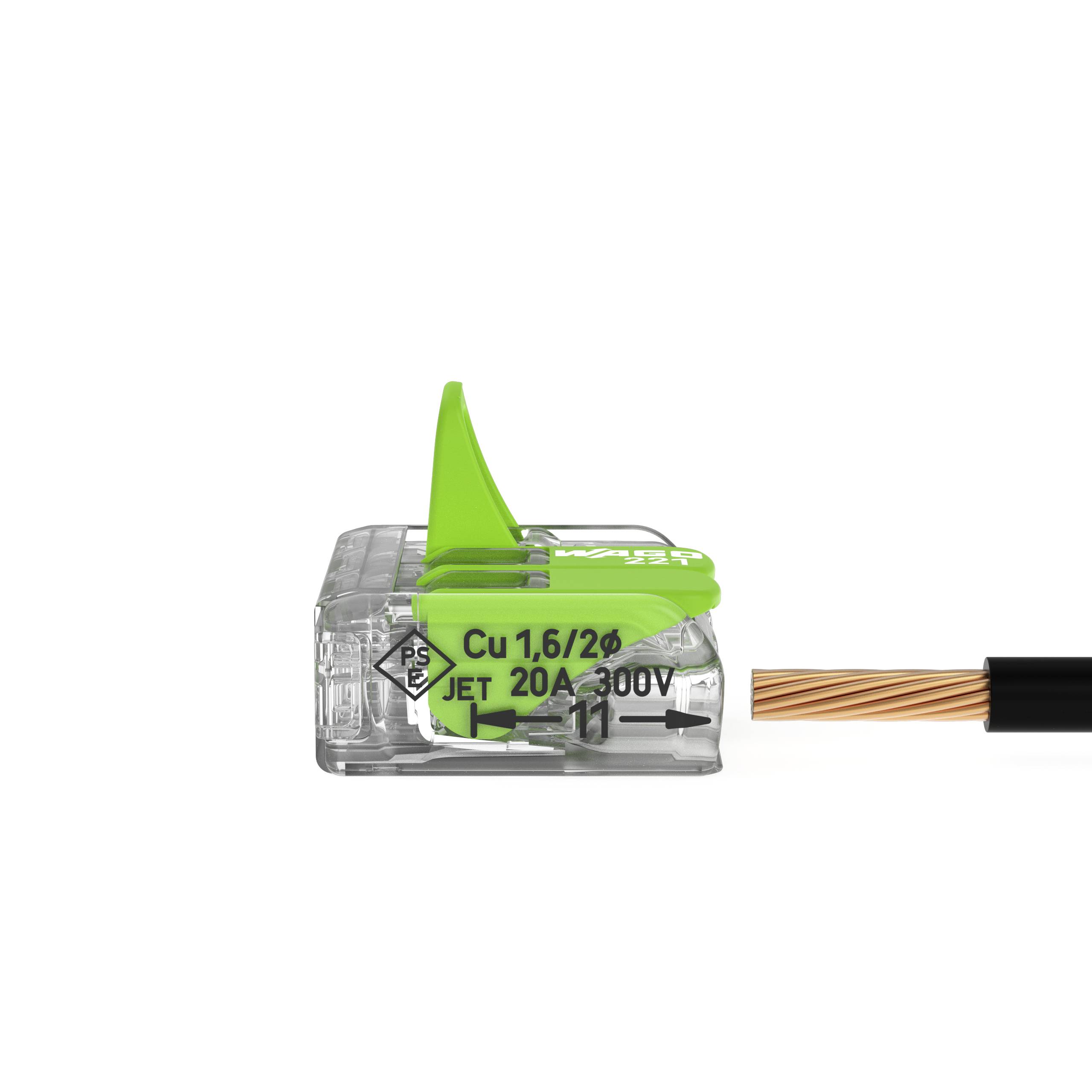 Un connecteur à levier vert avec un fil de cuivre inséré. L'inscription : « Cu 1,6/2,5 JET 20A 300V » indique les spécifications et l'utilisation.