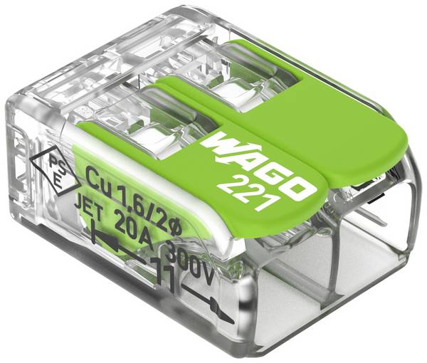 WAGO 221-422 221 Borne de raccordement flexible: 0.14-4 mm² rigide: 0.2-4 mm² Nombre de pôles: 2 100 pc(s) transparent, vert Box