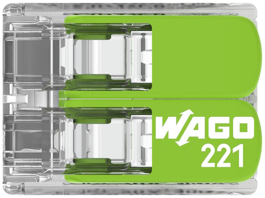 Un bloc de bornes de connexion WAGO 221 vert avec des éléments transparents, utilisé pour des connexions électriques sûres et simples.