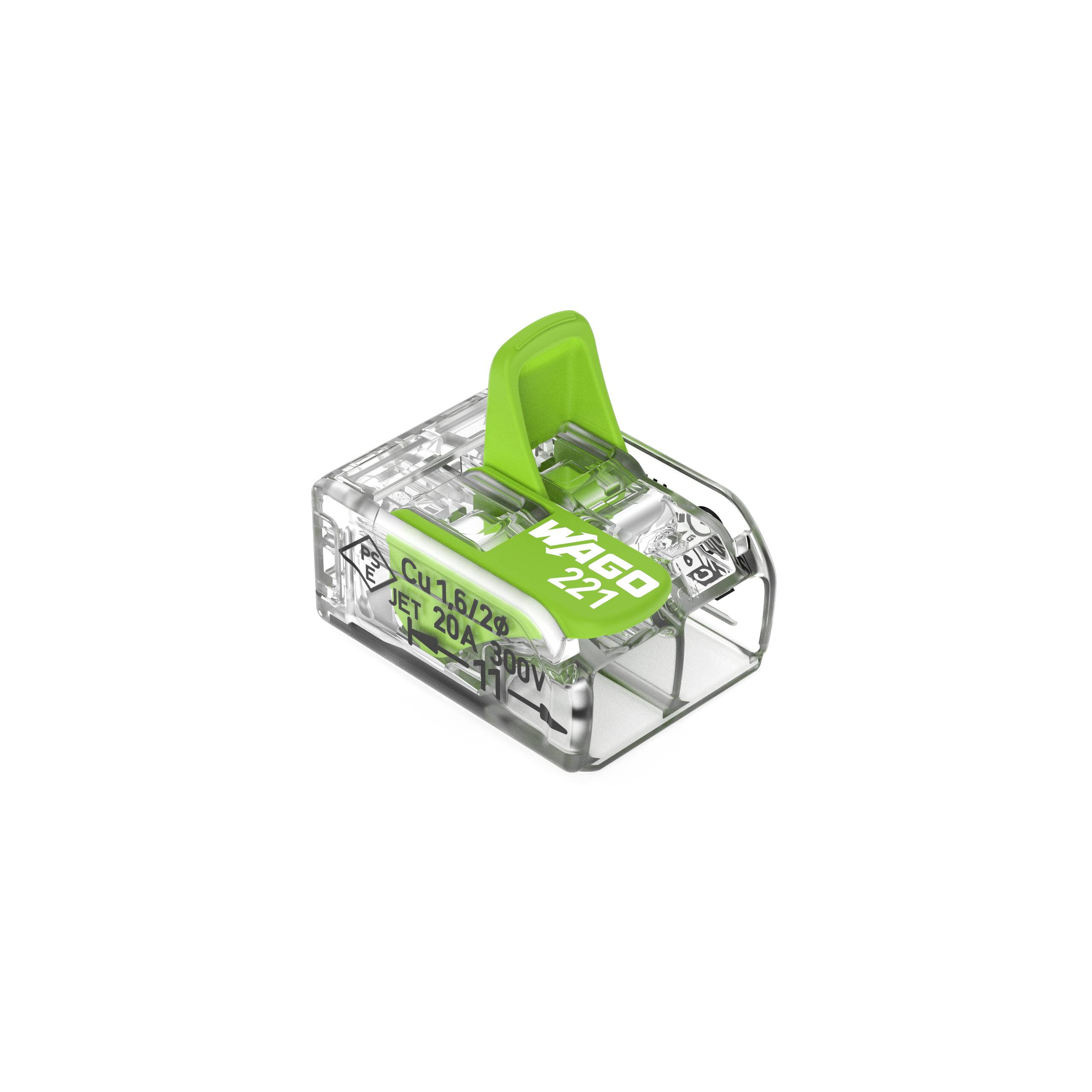 Une borne de connexion électrique transparente, compacte avec activation verte ; adaptée aux conducteurs en cuivre, marquée 'WAGO 221'.