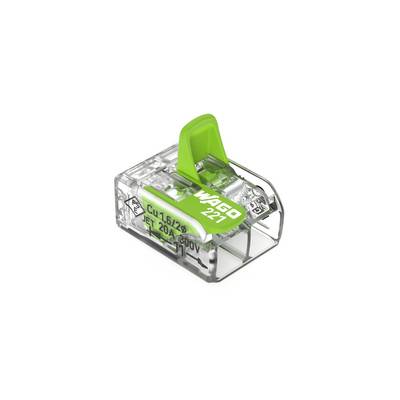 Une borne de connexion électrique transparente, compacte avec activation verte ; adaptée aux conducteurs en cuivre, marquée 'WAGO 221'.