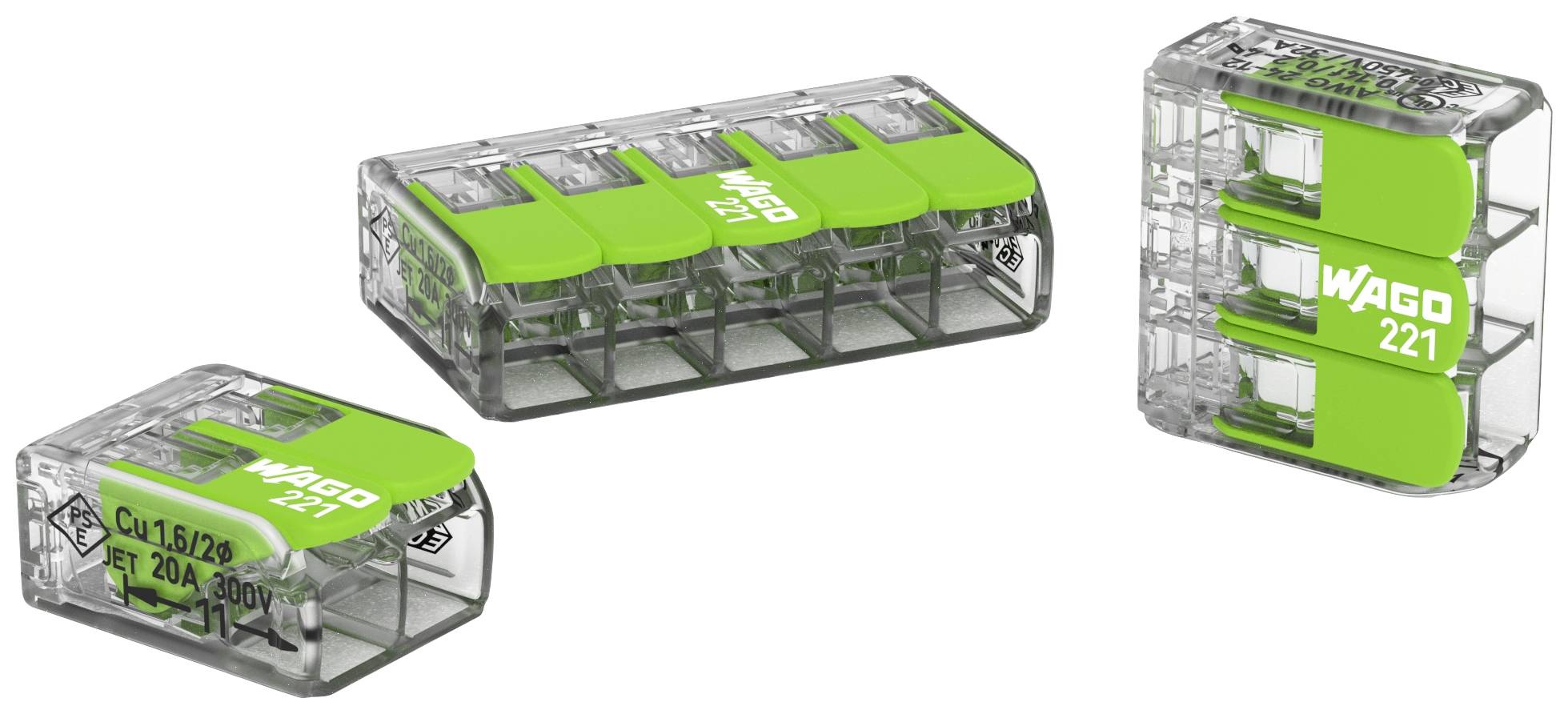 Trois bornes de connexion WAGO transparentes avec des détails verts, adaptées à différentes tailles de fils, sur un fond blanc.