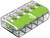 Un bloc de jonction en plastique transparent avec cinq leviers verts, étiqueté 'WAGO 221'.