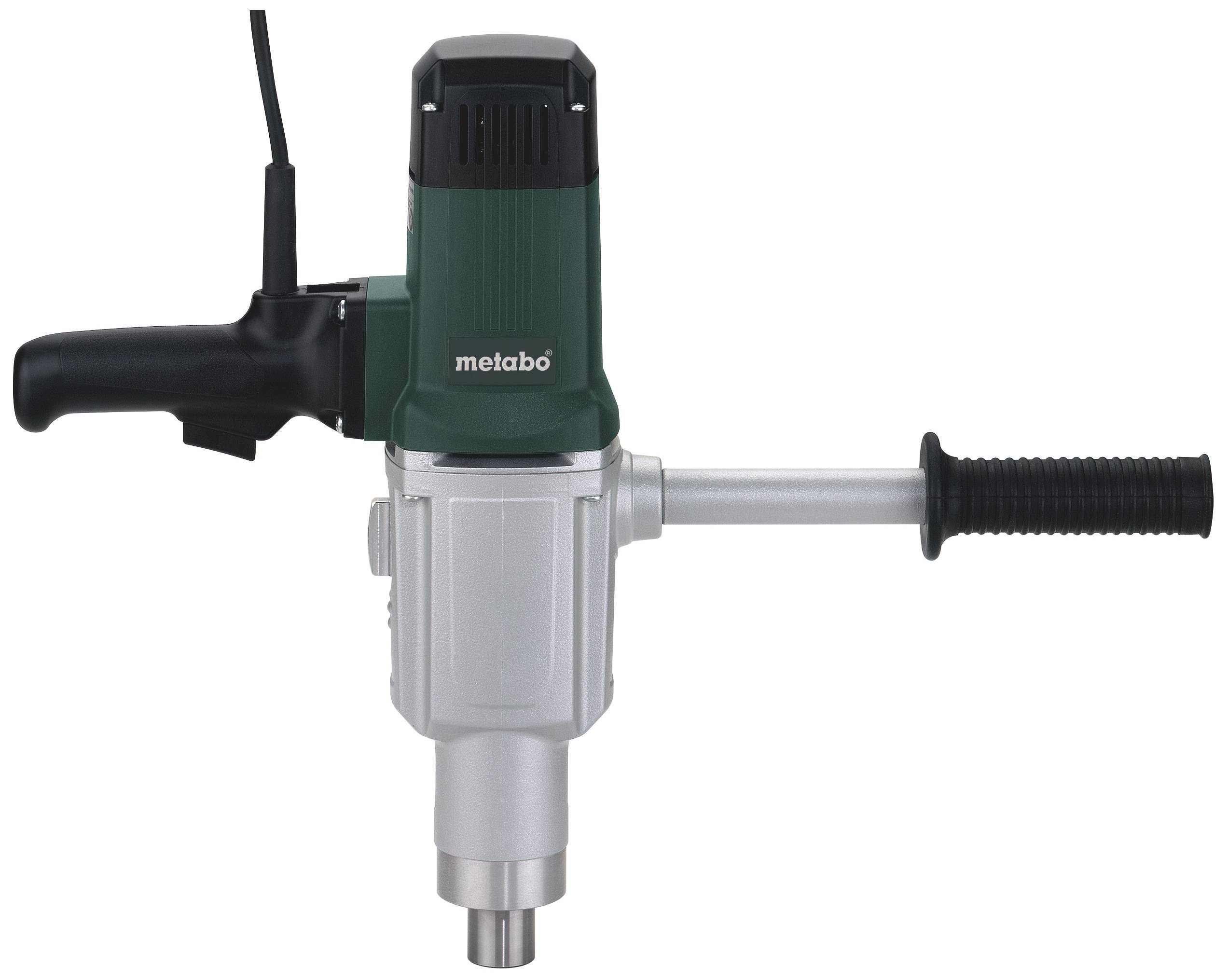 Un mélangeur électrique portable avec un boîtier vert et argenté, adapté au mélange de matériaux de construction tels que la peinture ou le mortier.