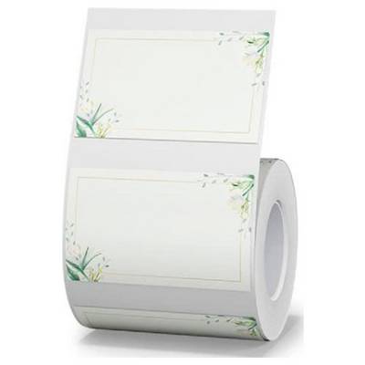 Rouleau d'étiquettes délicates au motif floral. Adapté pour l'étiquetage ou la décoration, présenté en blanc avec des accents verts et jaunes.