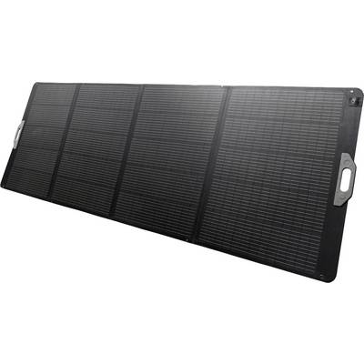 Un panneau solaire portable à quatre sections est déplié. Il est équipé de poignées sur les côtés, adapté pour l'alimentation électrique mobile.
