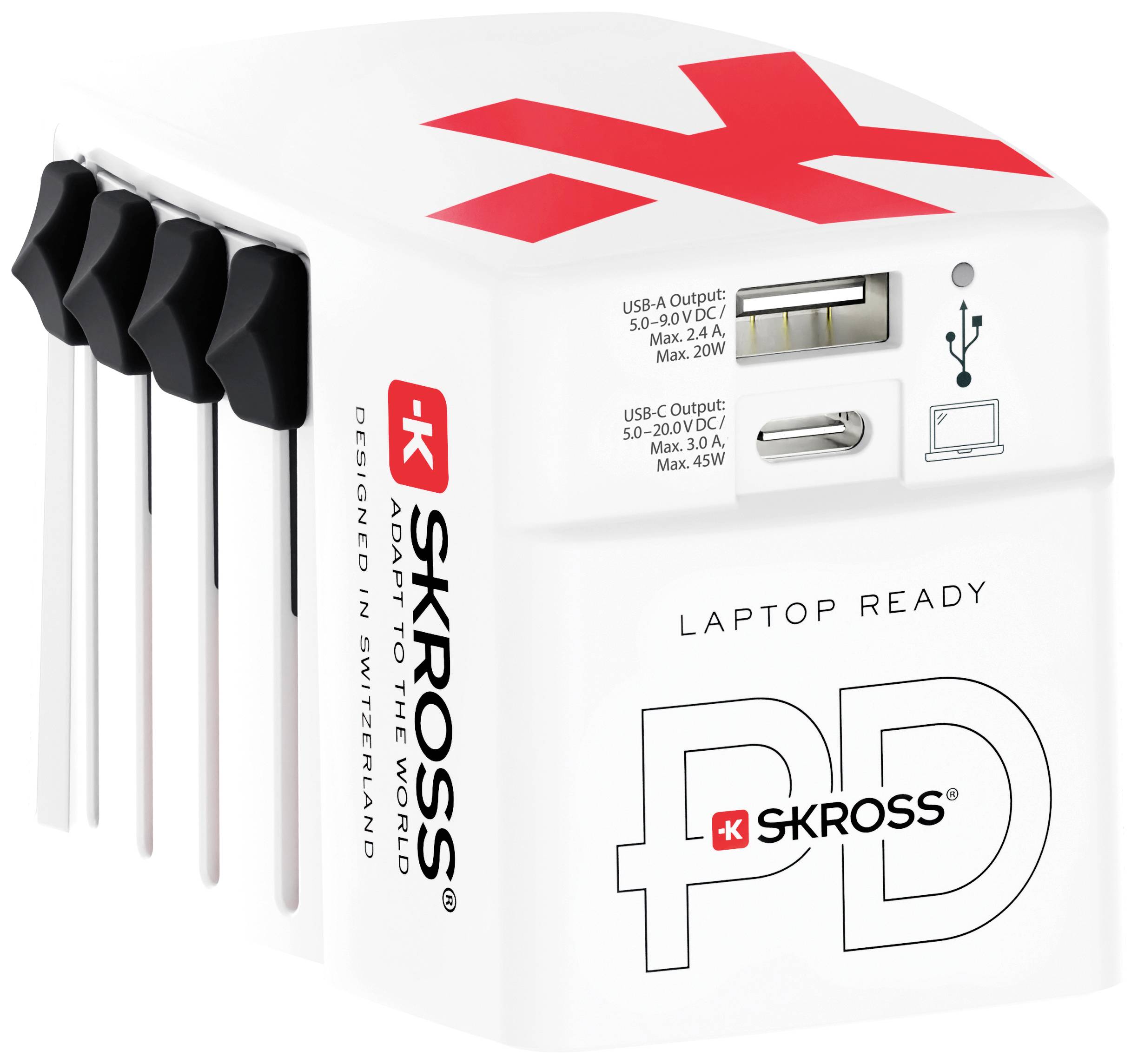 Adaptateur de voyage avec quatre fiches, ports USB-A et USB-C. Sérigraphié 'Laptop Ready PD'. Adapté pour une utilisation internationale.