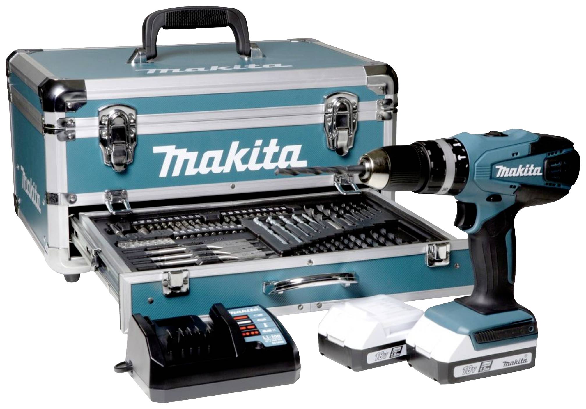Perceuse Makita sans fil 18 V 42 Nm + 2 accus 1,5 Ah + chargeur + mallette en aluminium + accessoires 70 pièces-3