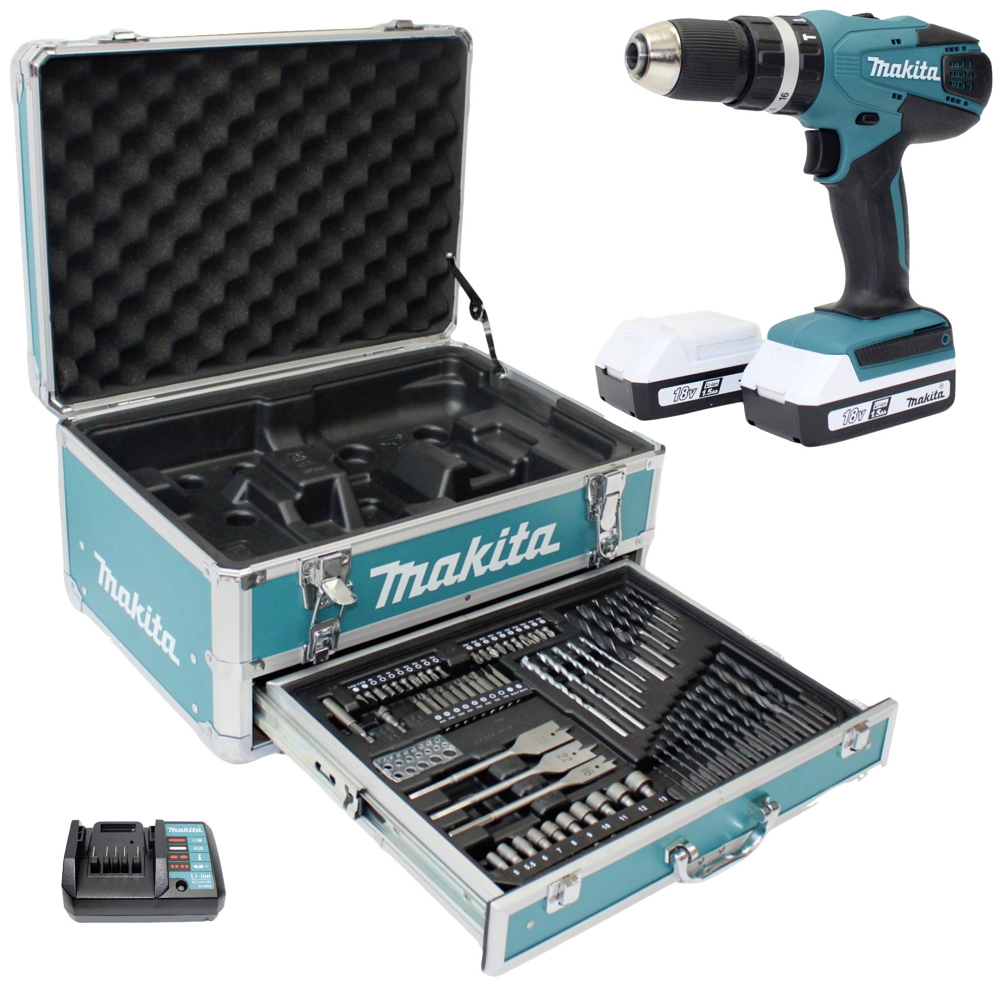 Perceuse Makita sans fil 18 V 42 Nm + 2 accus 1,5 Ah + chargeur + mallette en aluminium + accessoires 70 pièces-4