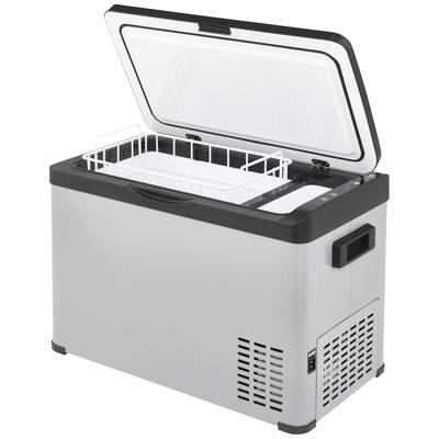 Un réfrigérateur compresseur ouvert, gris, avec un couvercle en verre. À l'intérieur, on peut voir un panier en grille blanc amovible.