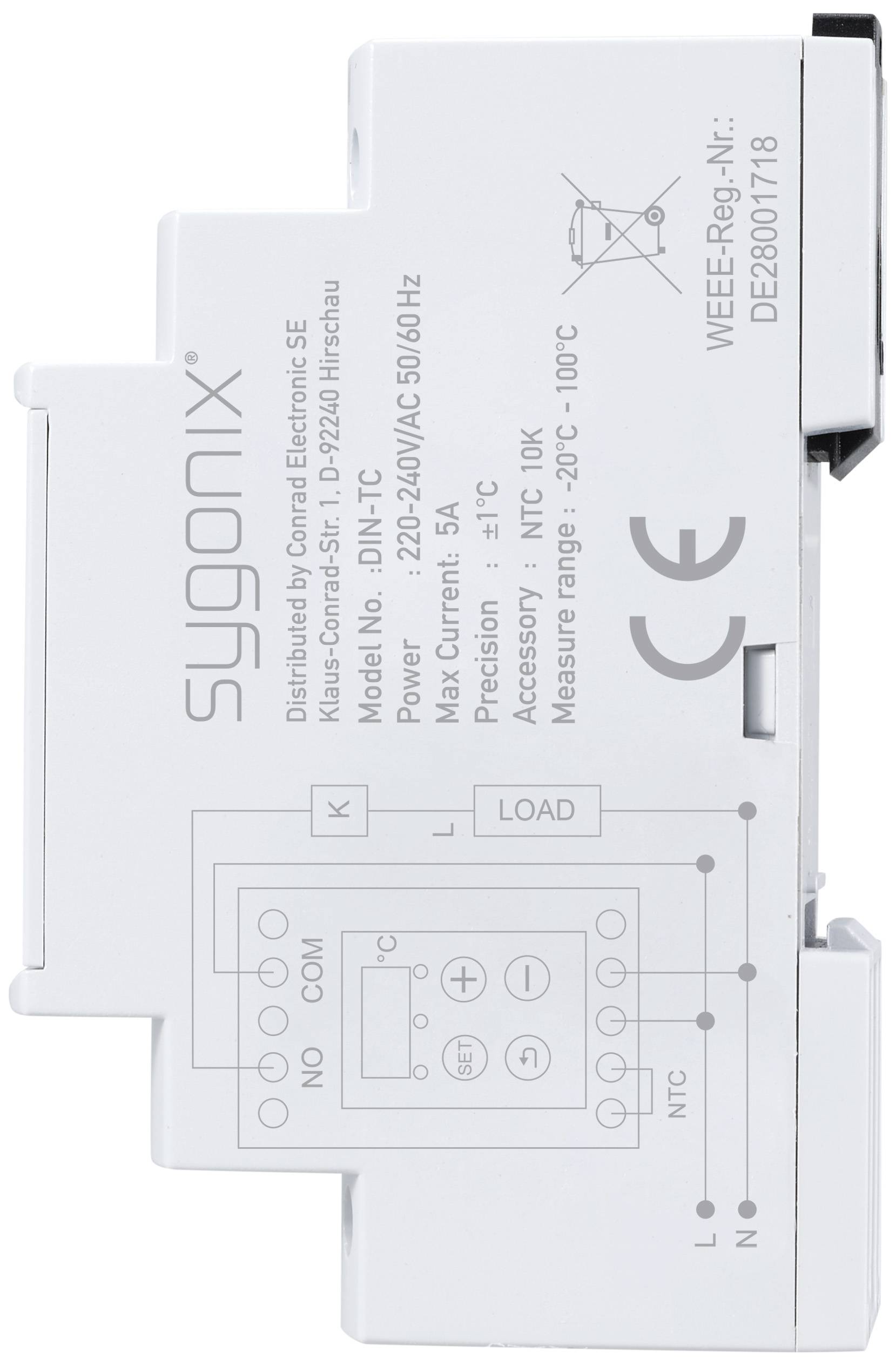 Un thermostat numérique portant l'inscription 'sygonix'. Affiche le numéro de modèle, la tension, la précision et la plage de température.