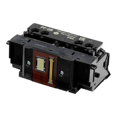 Une tête d'impression à jet d'encre de forme rectangulaire avec des contacts électroniques et des buses, marquée 'PF-08', destinée aux imprimantes professionnelles.
