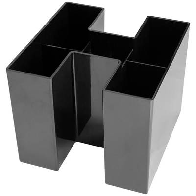 Collecteur de magazines noir en forme de L, en plastique, avec plusieurs compartiments ; adapté au rangement de documents papier.