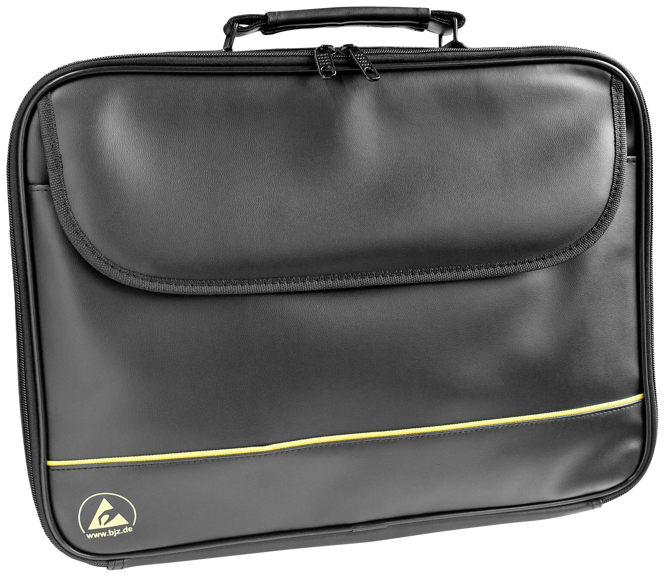 Un sac pour ordinateur portable noir avec une ligne jaune et un logo en bas à gauche. Il possède une poignée de transport en haut.