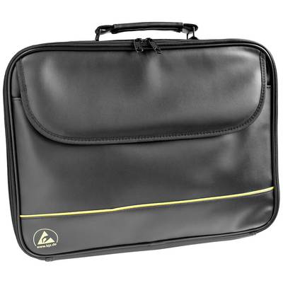 Un sac pour ordinateur portable noir avec une ligne jaune et un logo en bas à gauche. Il possède une poignée de transport en haut.