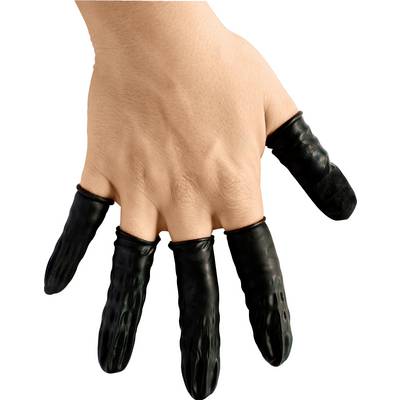 Une main porte cinq doigtiers noirs qui sont enfilés sur le bout des doigts.