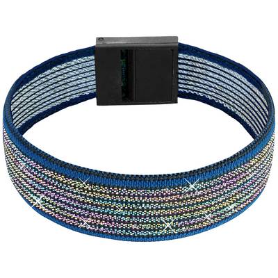 Un bracelet scintillant orné de pierres de strass colorées et d'une fermeture noire. Il est conçu de manière tendance et voyante.