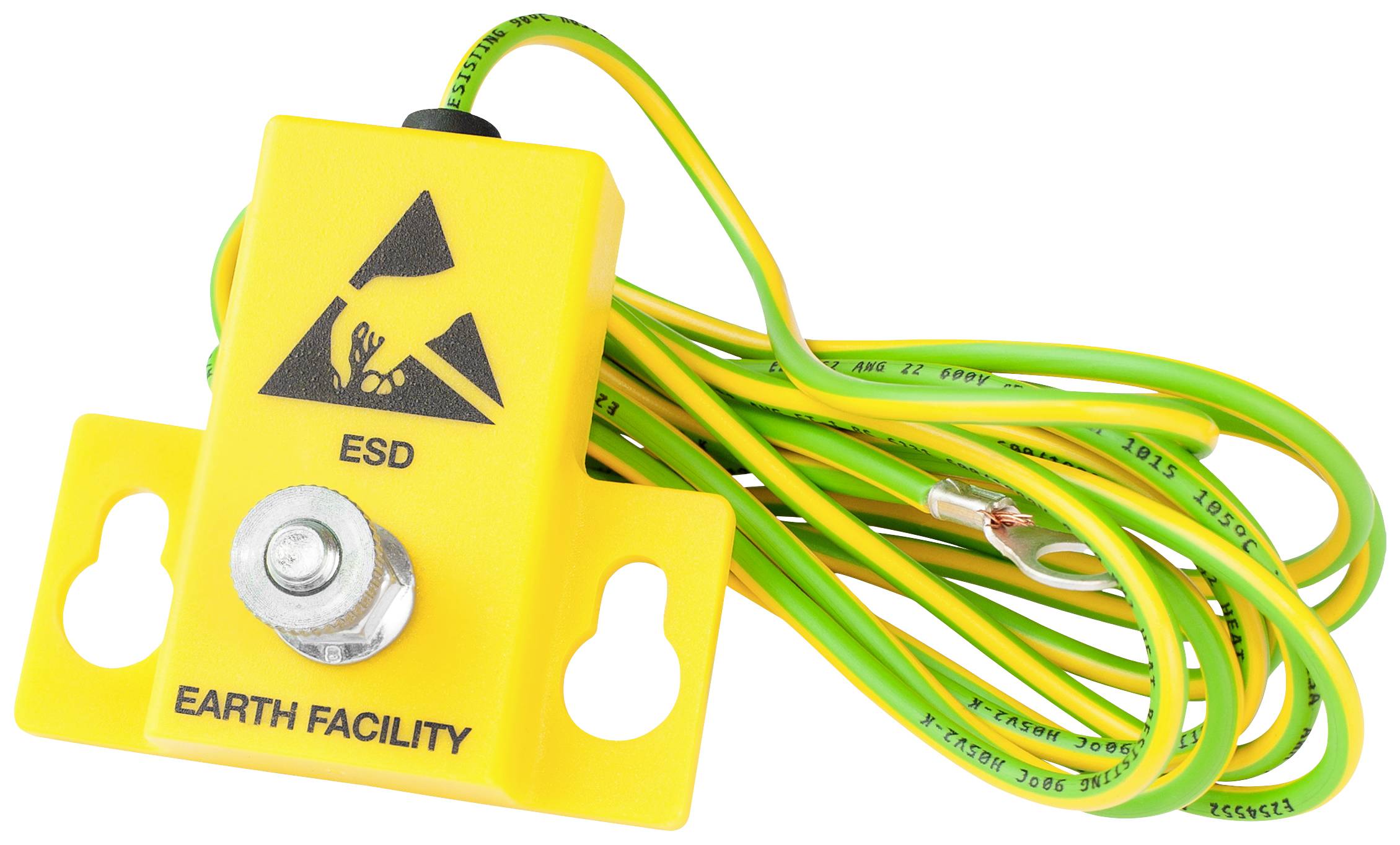 Dispositif de mise à la terre ESD jaune avec symbole d'avertissement et câbles verts, destiné à prévenir les décharges électrostatiques sur les équipements techniques.