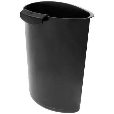 'Une poubelle noire, haute, de forme ovale, avec une poignée étroite en haut à gauche, sans inscription ni décoration visible.'