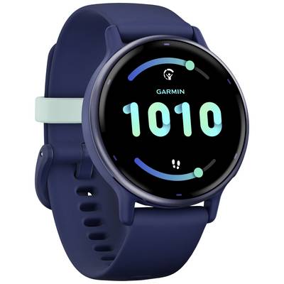Montre connectée avec un bracelet bleu, affichant l'heure 10:10 et le logo de la marque Garmin sur le cadran rond.