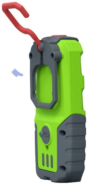 Un appareil portable vert avec des accents gris et rouges. Il dispose de crochets en haut et de boutons sur le côté pour la manipulation et la suspension.