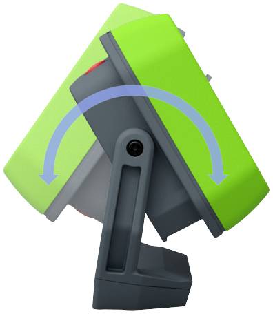 Un appareil de couleur verte indique un mouvement latéral avec une flèche bleue représentant un mécanisme de rotation.