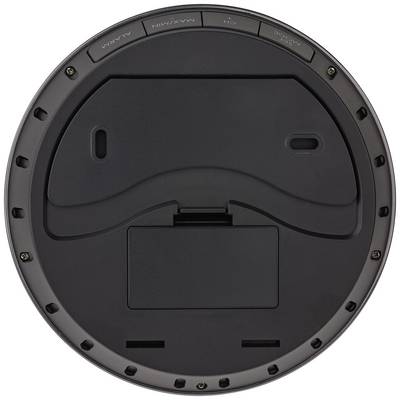Vue du dessous d'un robot aspirateur rond, montrant ses capteurs et supports de roues.