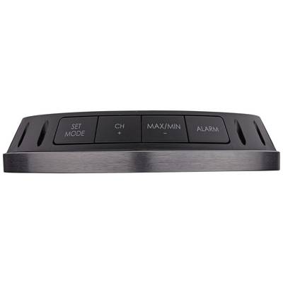 Appareil plat, noir, avec quatre boutons : « SET MODE », « CH + », « MAX/MIN - », « ALARM ». Utilisé pour contrôler diverses fonctions.