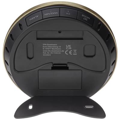Partie inférieure d'un appareil électronique avec support vertical, détails du modèle et informations du fabricant. Présente les touches : MAX/MIN, CH, SET/MODE.