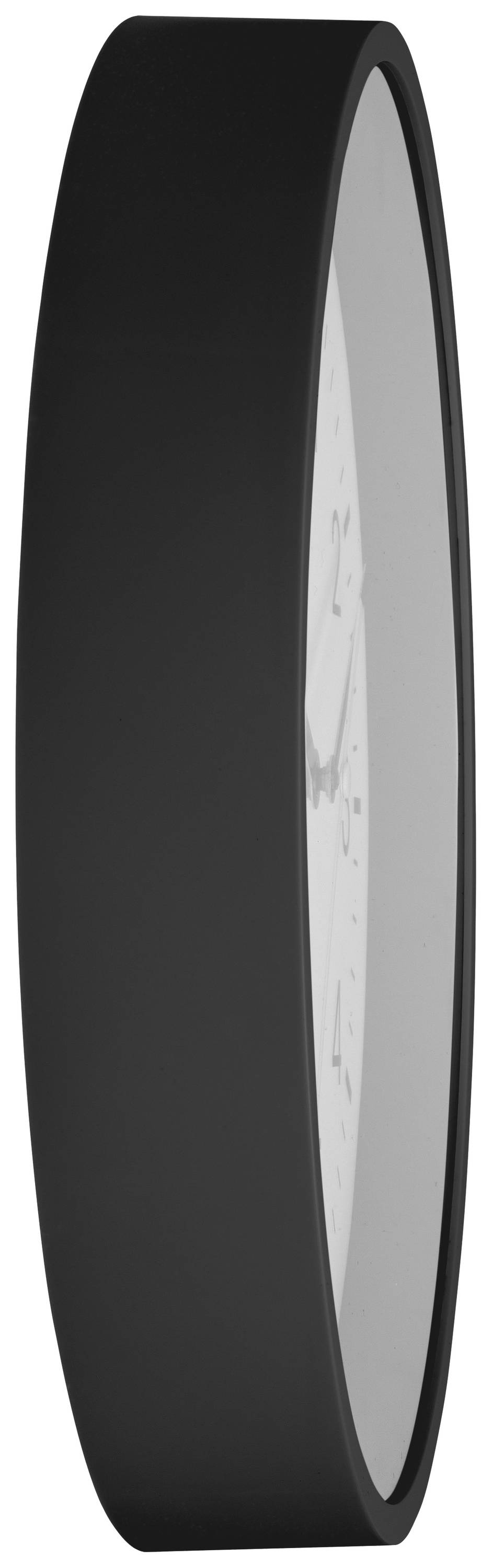 Une horloge murale vue de profil, avec un cadre noir. L'heure n'est pas visible.