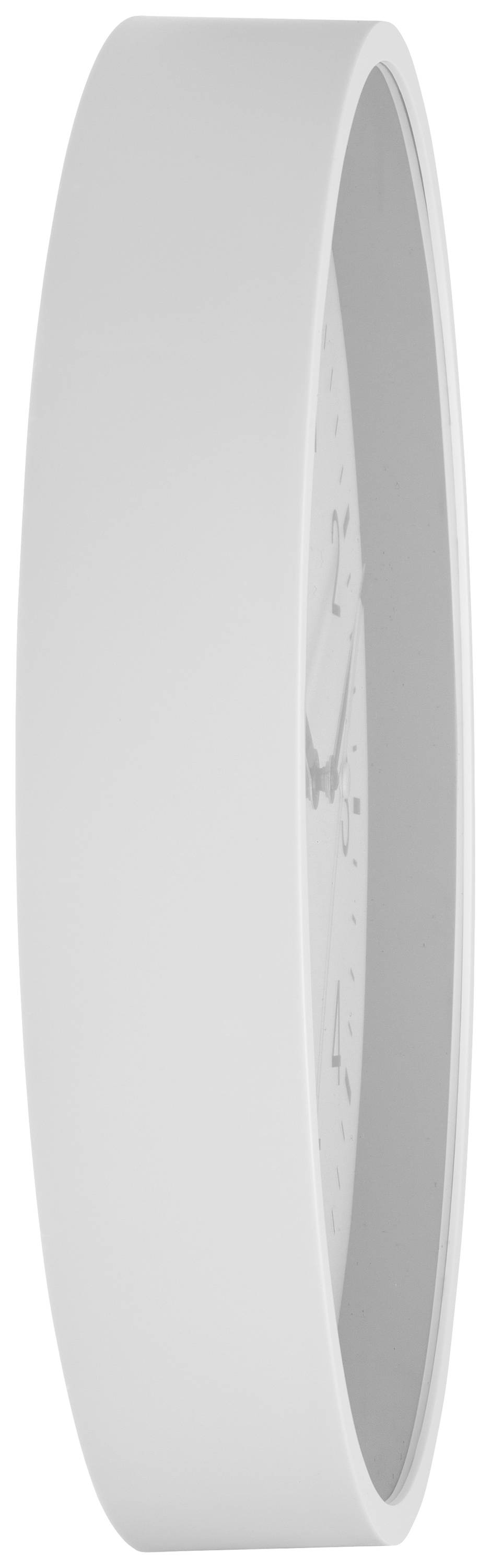 Horloge murale blanche et ronde, vue de côté, au design épuré et sans cadran apparent.