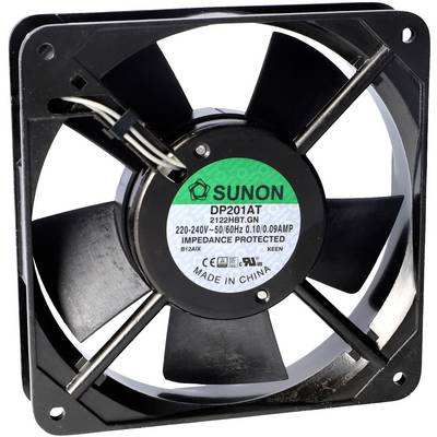 Un ventilateur d'ordinateur noir portant l'inscription « Sunon DP201AT, 220-240V, Protection contre les impédances, Fabriqué en Chine ».