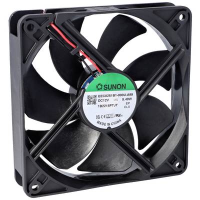 Un ventilateur d'ordinateur noir avec différentes étiquettes au centre, montrant des spécifications techniques et des informations sur le fabricant.