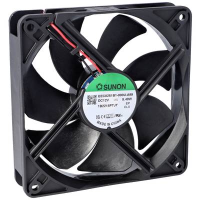 Un ventilateur d'ordinateur noir carré avec des câbles. Un autocollant portant des données techniques est apposé sur le ventilateur.