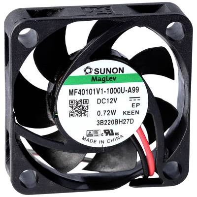 Un ventilateur noir avec une étiquette blanche au centre, indiquant des informations telles que 'DC12V' et '0,72W KEEN', fabriqué en Chine.