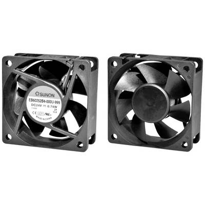 Deux ventilateurs noirs de forme carrée. Celui de gauche montre le devant avec l'étiquette du fabricant, celui de droite montre l'arrière.