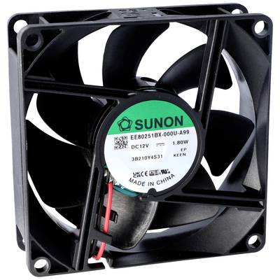 Un ventilateur d'ordinateur noir avec l'autocollant de marque 'SUNON' au centre, portant le numéro de modèle et les spécifications techniques.