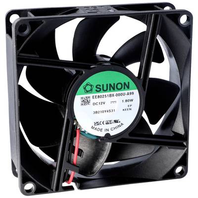 Un ventilateur d'ordinateur noir avec une étiquette de marque 'Sunon' affichant des spécifications techniques telles que 'DC 12V' et '1,80W'.