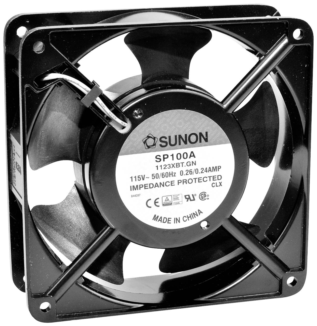 Un ventilateur d'ordinateur noir portant l'inscription 'SP100A 115V'. Fabriqué par Sunon, avec indication de protection contre l'impédance.