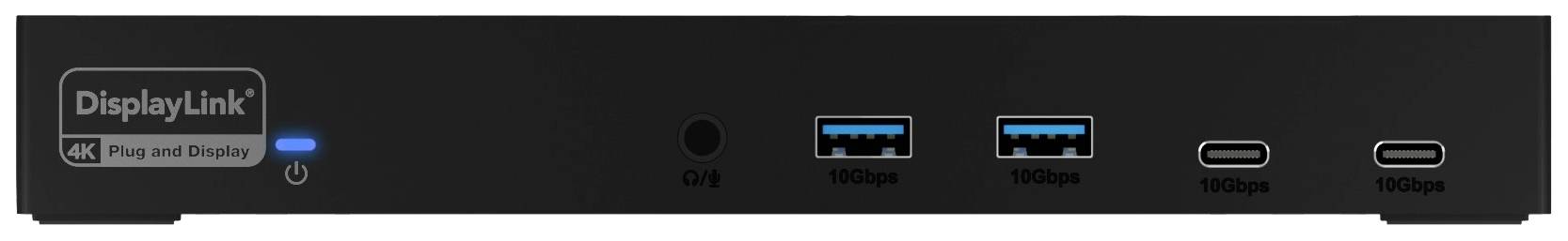 Une station d'accueil noire avec logo 'DisplayLink' et plusieurs ports : deux ports USB-A, deux ports USB-C et un interrupteur marche/arrêt.