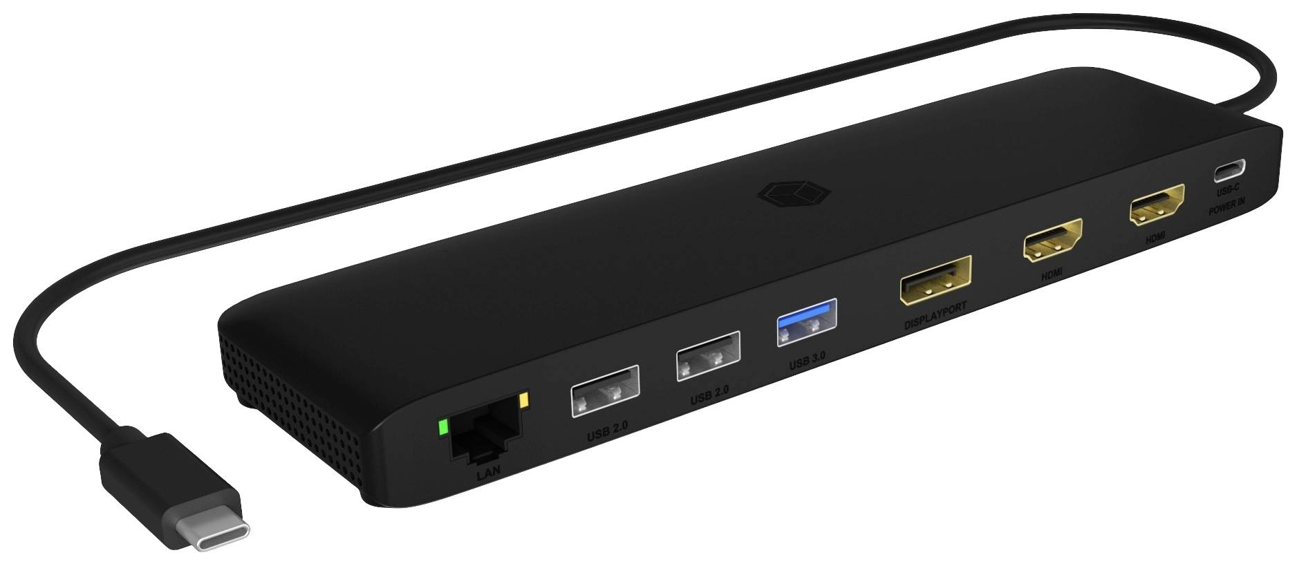 Un dock noir pour ordinateur portable avec plusieurs ports, notamment Ethernet, USB, HDMI et DisplayPort, ainsi qu'un câble de connexion USB-C.