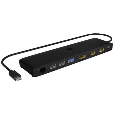 Un dock noir pour ordinateur portable avec plusieurs ports, notamment Ethernet, USB, HDMI et DisplayPort, ainsi qu'un câble de connexion USB-C.