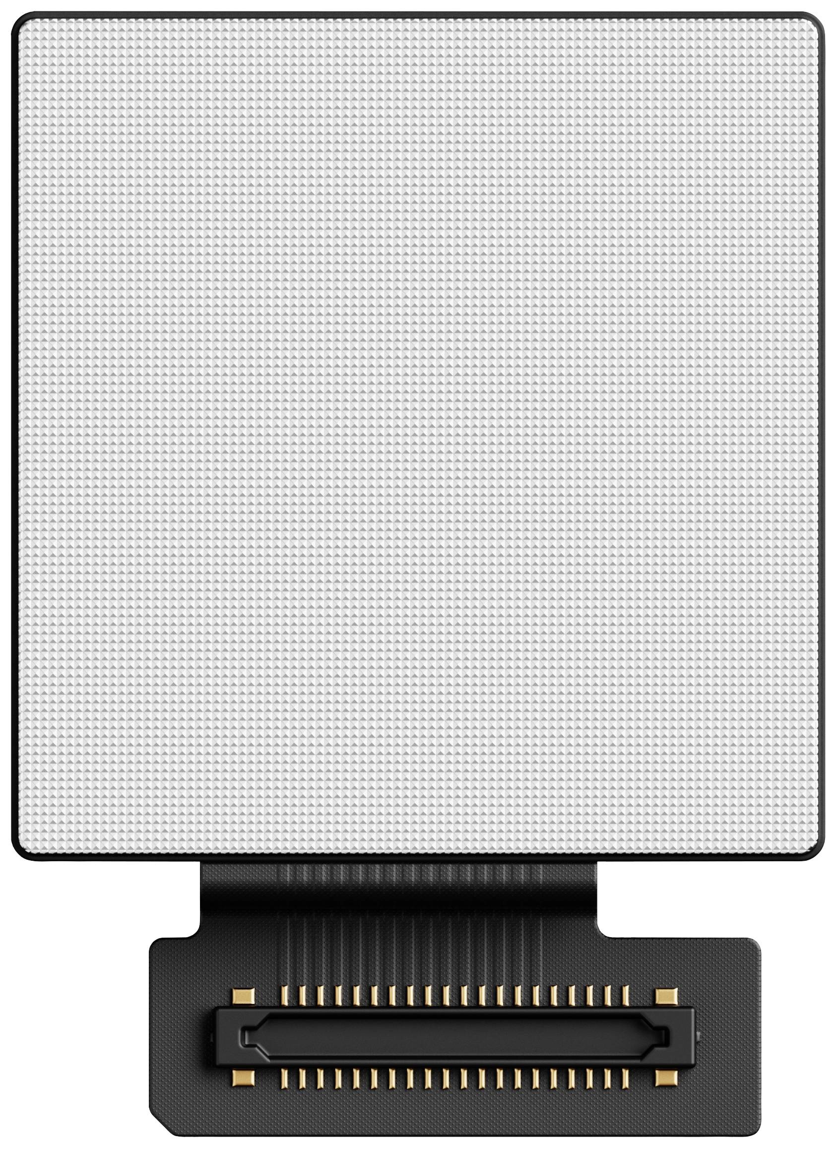 Un petit écran électronique avec un câble de connexion flexible à sa base. L'écran est éteint.